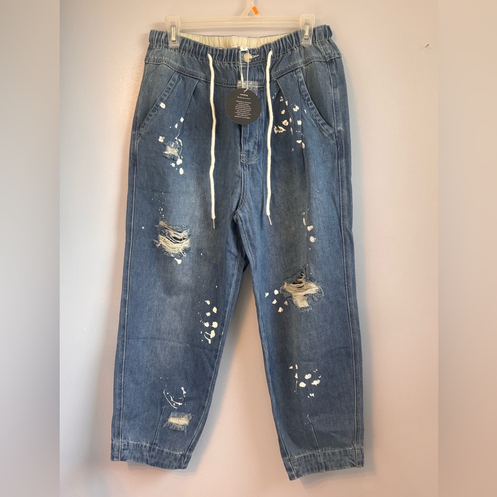 mittoshop Women’s Relaxed Distressed Blue Jeans with White Paint Accents. Sz M - Picture 1 of 9